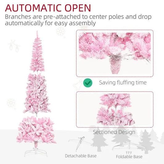 7.5 Foot Prelit Snow Flocked Artificial Christmas Tree With Pencil Shape