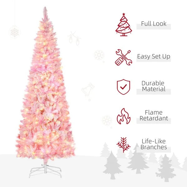 7.5 Foot Prelit Snow Flocked Artificial Christmas Tree With Pencil Shape