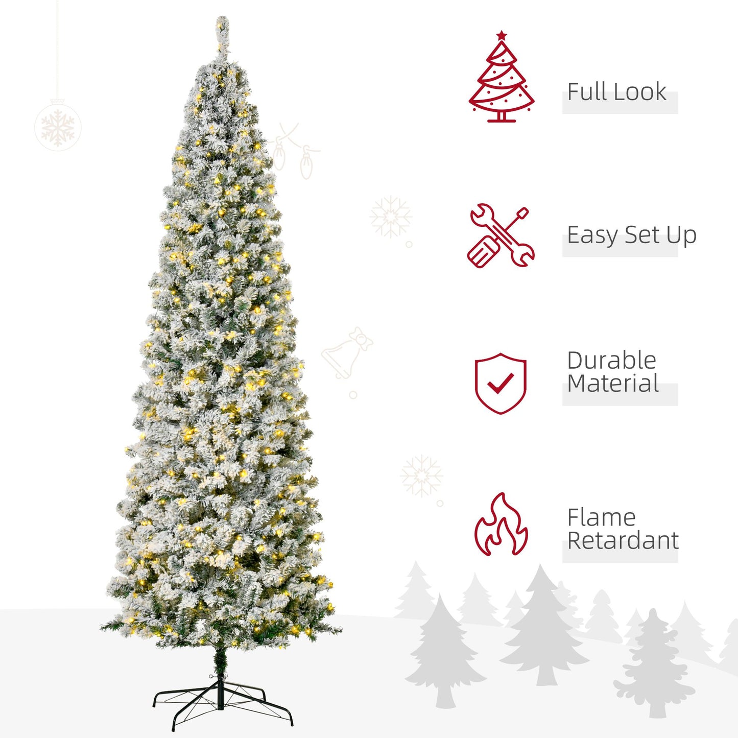 9 Feet Prelit Artificial Snow Flocked Pencil Christmas Tree