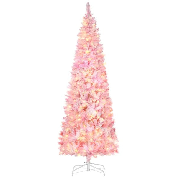 7.5 Foot Prelit Snow Flocked Artificial Christmas Tree With Pencil Shape