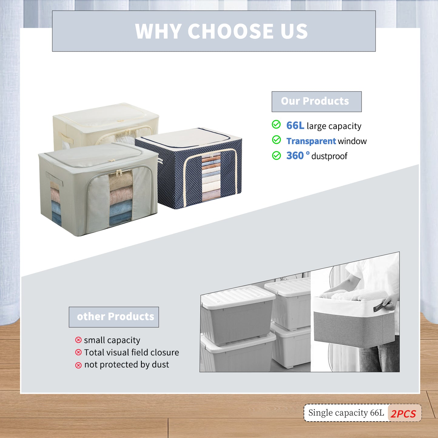 2PCS Foldable Oxford Cloth Storage Boxes  Large Capacity With Clear Window